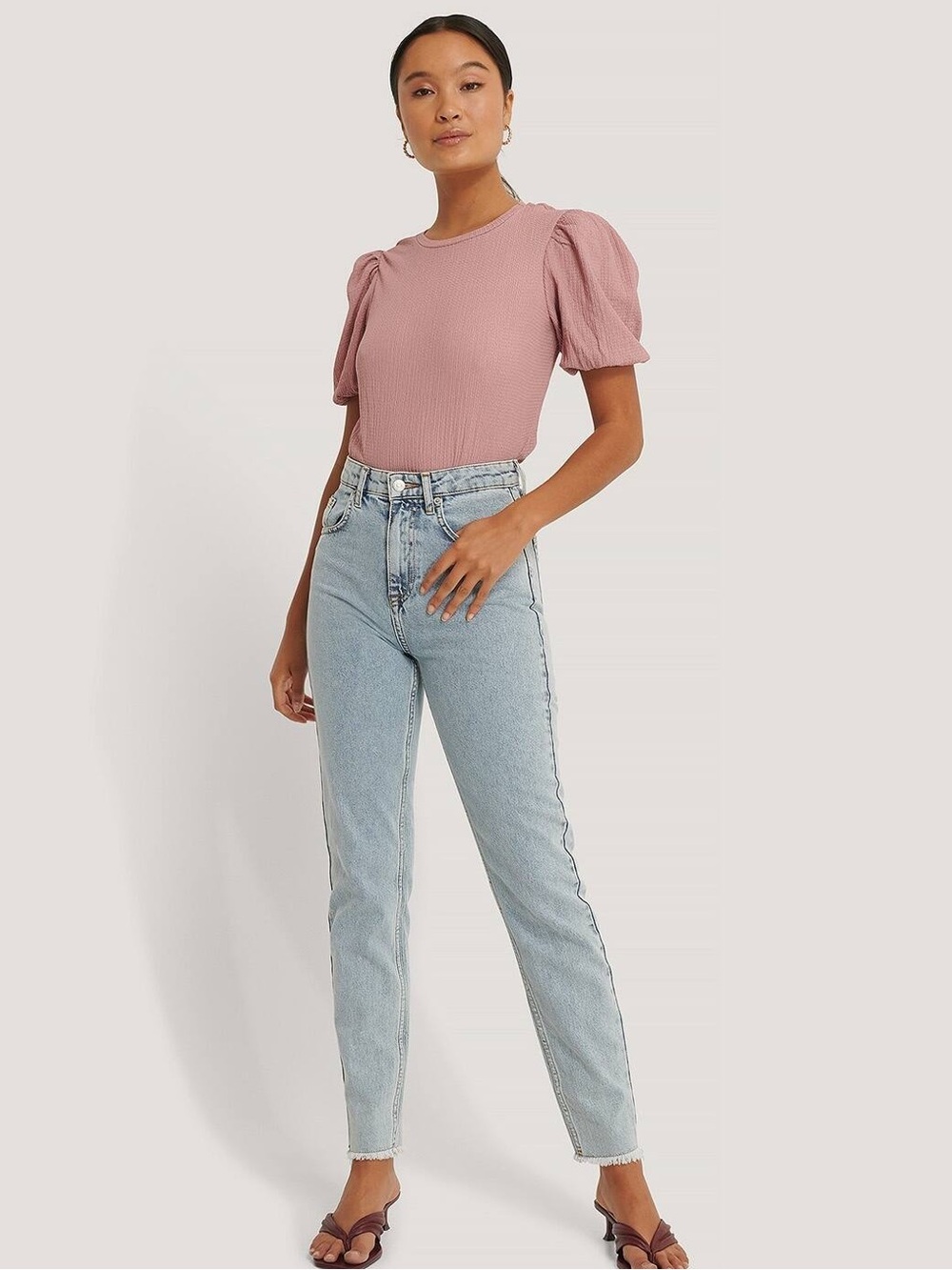 NA-KD Rose Crepe Textured Puff Sleeve Round Neck Blouse✨